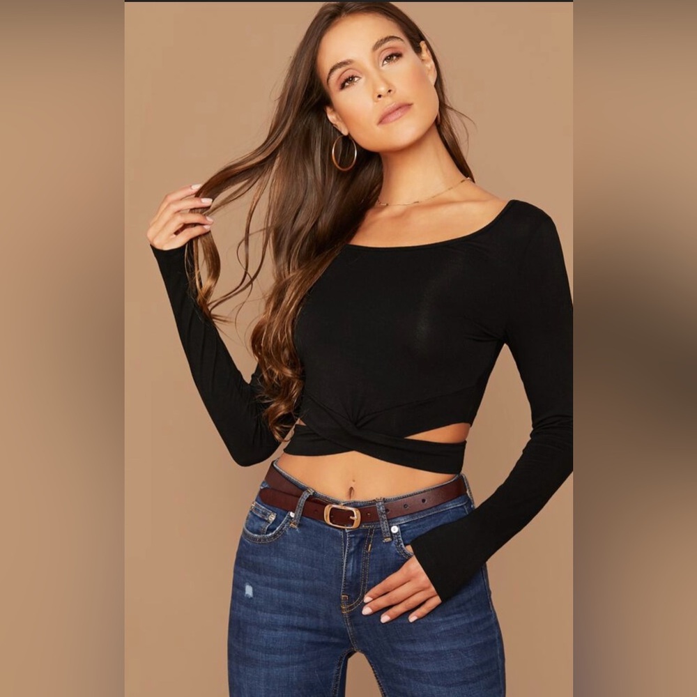 SHEIN Black Crisscross Cut Out Long Sleeve Crop Top Sz XS & S LIKE NEW - Picture 4 of 6